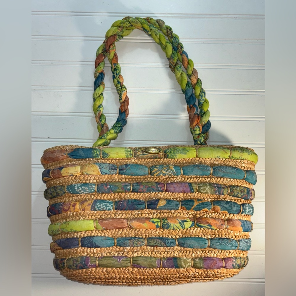 Cappelli Straworld Bag Straw & Cloth Purse 12x8.5x4 PreOwned Excellent Condition